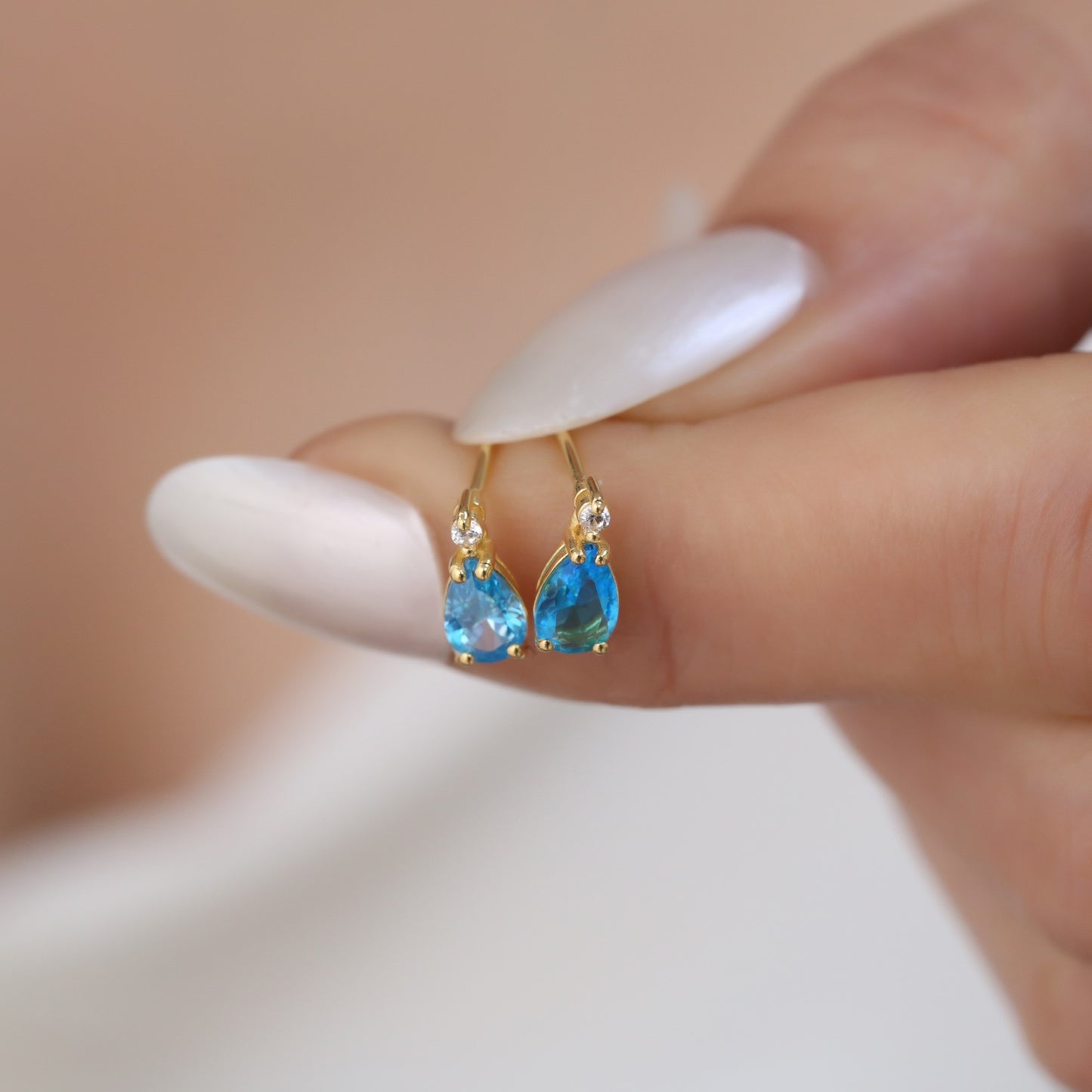 Blue Topaz Drop Stud Earrings in 10K/14K Solid Gold with Real Diamond, December Birthstone Jewelry
