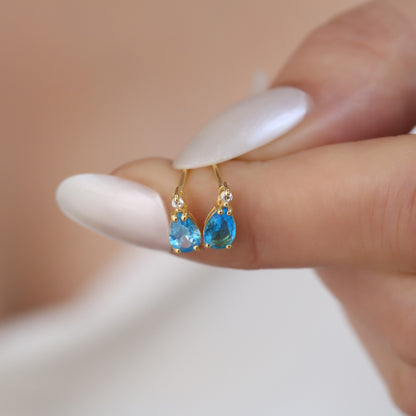Blue Topaz Drop Stud Earrings in 10K/14K Solid Gold with Real Diamond, December Birthstone Jewelry