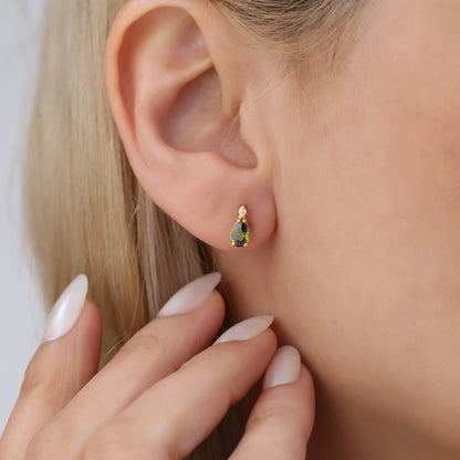 Peridot Drop Stud Earrings in 10K/14K Solid Gold with Real Diamond, August Birthstone Jewelry