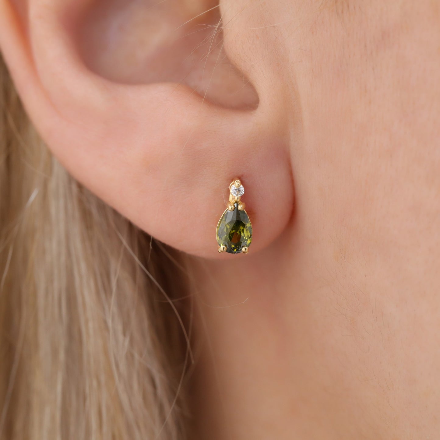 Peridot Drop Stud Earrings in 10K/14K Solid Gold with Real Diamond, August Birthstone Jewelry