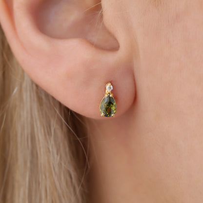Peridot Drop Stud Earrings in 10K/14K Solid Gold with Real Diamond, August Birthstone Jewelry