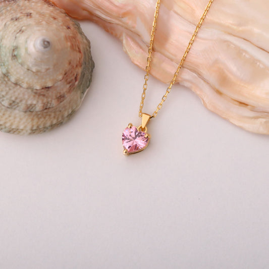 Pink Tourmaline Heart Necklace in 14K Solid Gold | October Birthstone Pendant Queen Jewelry Necklace