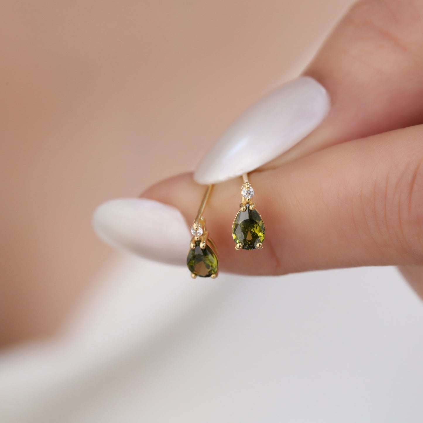 Peridot Drop Stud Earrings in 10K/14K Solid Gold with Real Diamond, August Birthstone Jewelry