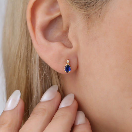 Sapphire Drop Stud Earrings in 10K/14K Solid Gold with Real Diamond, September Birthstone Jewelry
