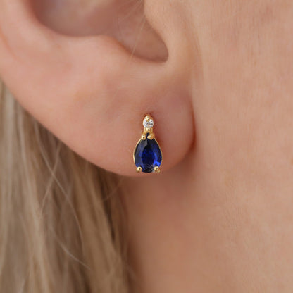 Sapphire Drop Stud Earrings in 10K/14K Solid Gold with Real Diamond, September Birthstone Jewelry