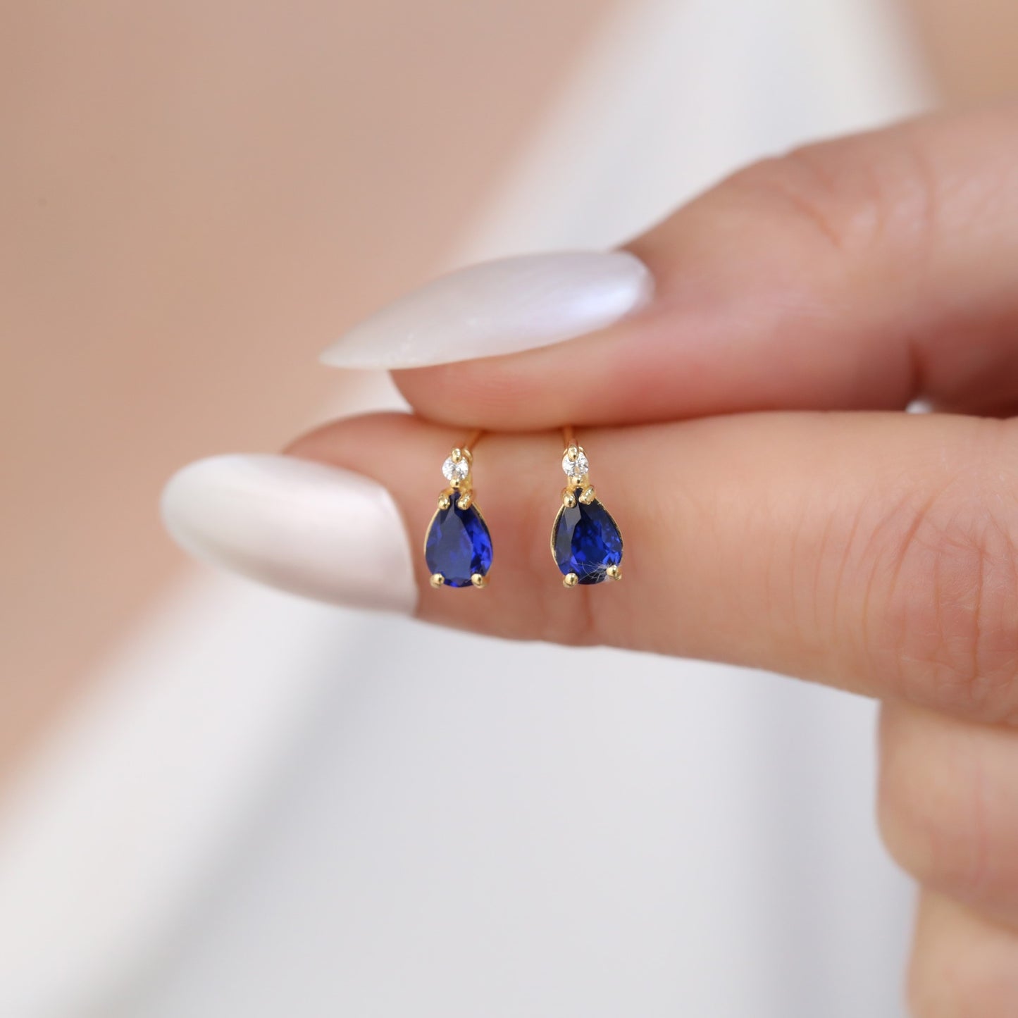 Sapphire Drop Stud Earrings in 10K/14K Solid Gold with Real Diamond, September Birthstone Jewelry