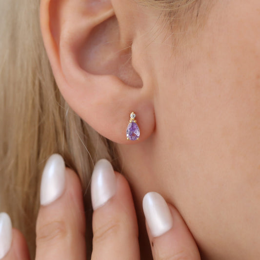 Amethyst Drop Stud Earrings in 10K/14K Solid Gold with Real Diamond, February Birthstone Jewelry