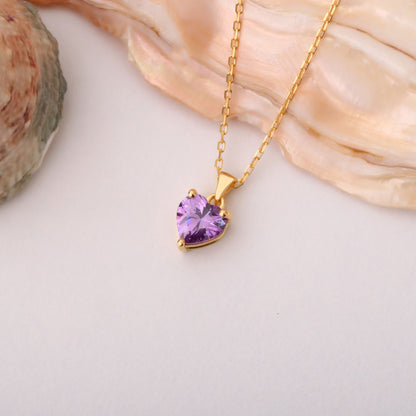 Amethyst Heart Necklace in 14K Solid Gold | February Birthstone Pendant Queen Jewelry Necklace