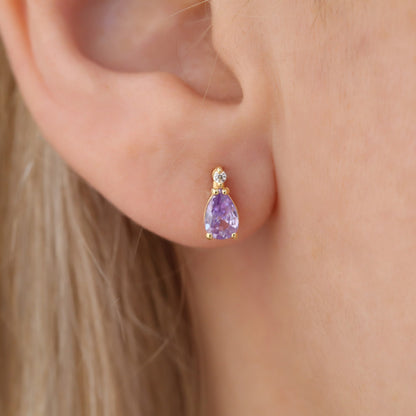 Amethyst Drop Stud Earrings in 10K/14K Solid Gold with Real Diamond, February Birthstone Jewelry