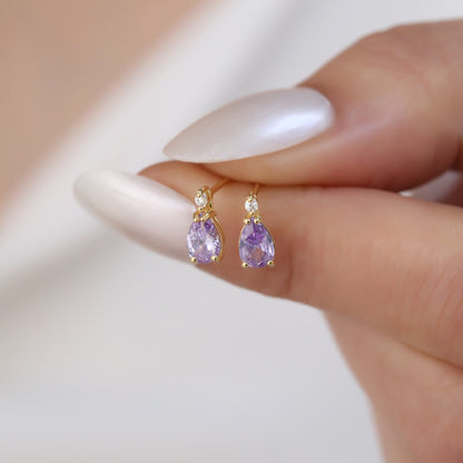 Amethyst Drop Stud Earrings in 10K/14K Solid Gold with Real Diamond, February Birthstone Jewelry