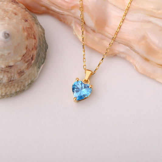 Blue Topaz Heart Necklace in 14K Solid Gold | December Birthstone Pendant Queen Jewelry Necklace