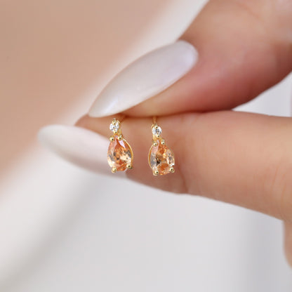 Citrine Drop Stud Earrings in 10K/14K Solid Gold with Real Diamond, November Birthstone Jewelry