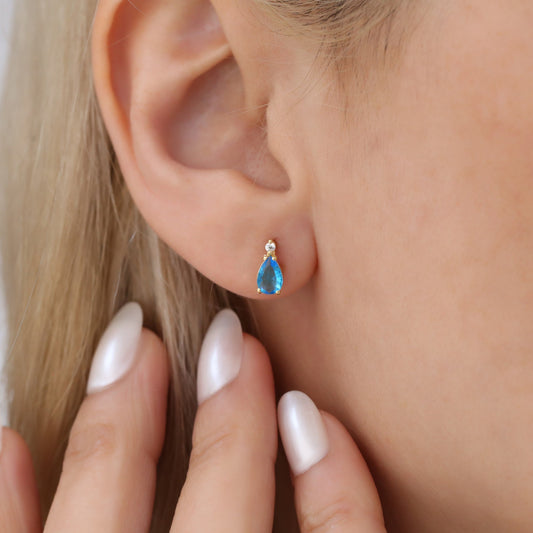 Aquamarine Drop Stud Earrings in 10K/14K Solid Gold with Real Diamond, March Birthstone Jewelry