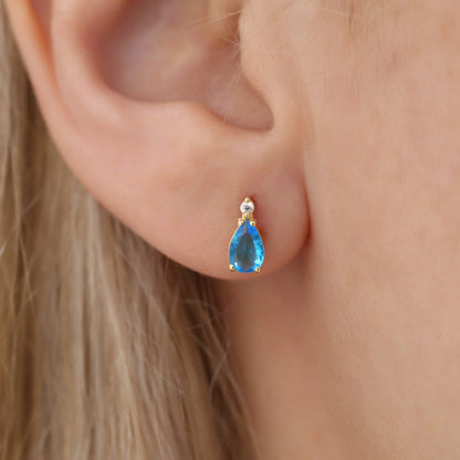 Aquamarine Drop Stud Earrings in 10K/14K Solid Gold with Real Diamond, March Birthstone Jewelry