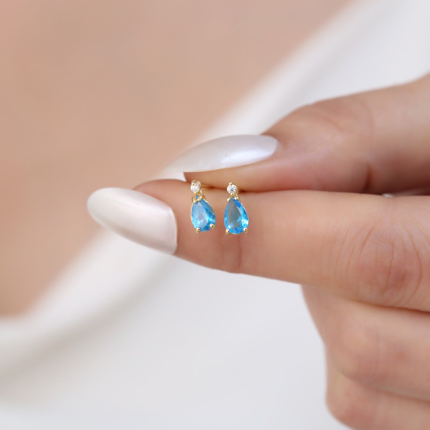 Aquamarine Drop Stud Earrings in 10K/14K Solid Gold with Real Diamond, March Birthstone Jewelry