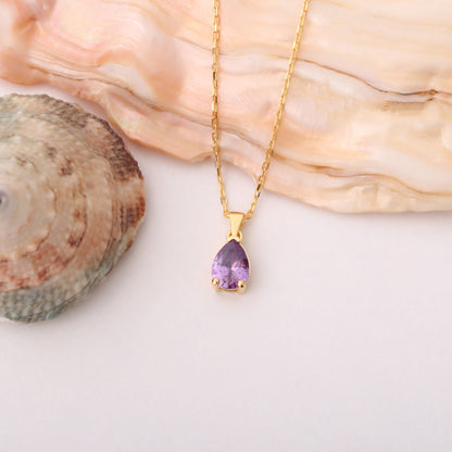 Drop Amethyst Necklace in 14K Solid Gold, February Birthstone Pendant Queen Jewelry Necklace