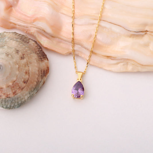 Drop Amethyst Necklace in 14K Solid Gold, February Birthstone Pendant Queen Jewelry Necklace