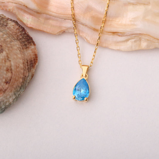 Drop Blue Topaz Necklace in 14K Solid Gold, December Birthstone Pendant Queen Jewelry Necklace