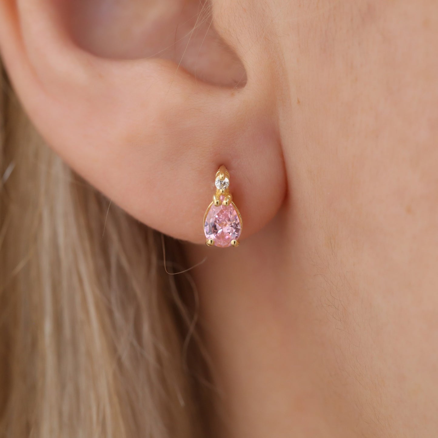 Pink Tourmaline Drop Stud Earrings in 10K/14K Solid Gold with Real Diamond, October Birthstone Jewelry