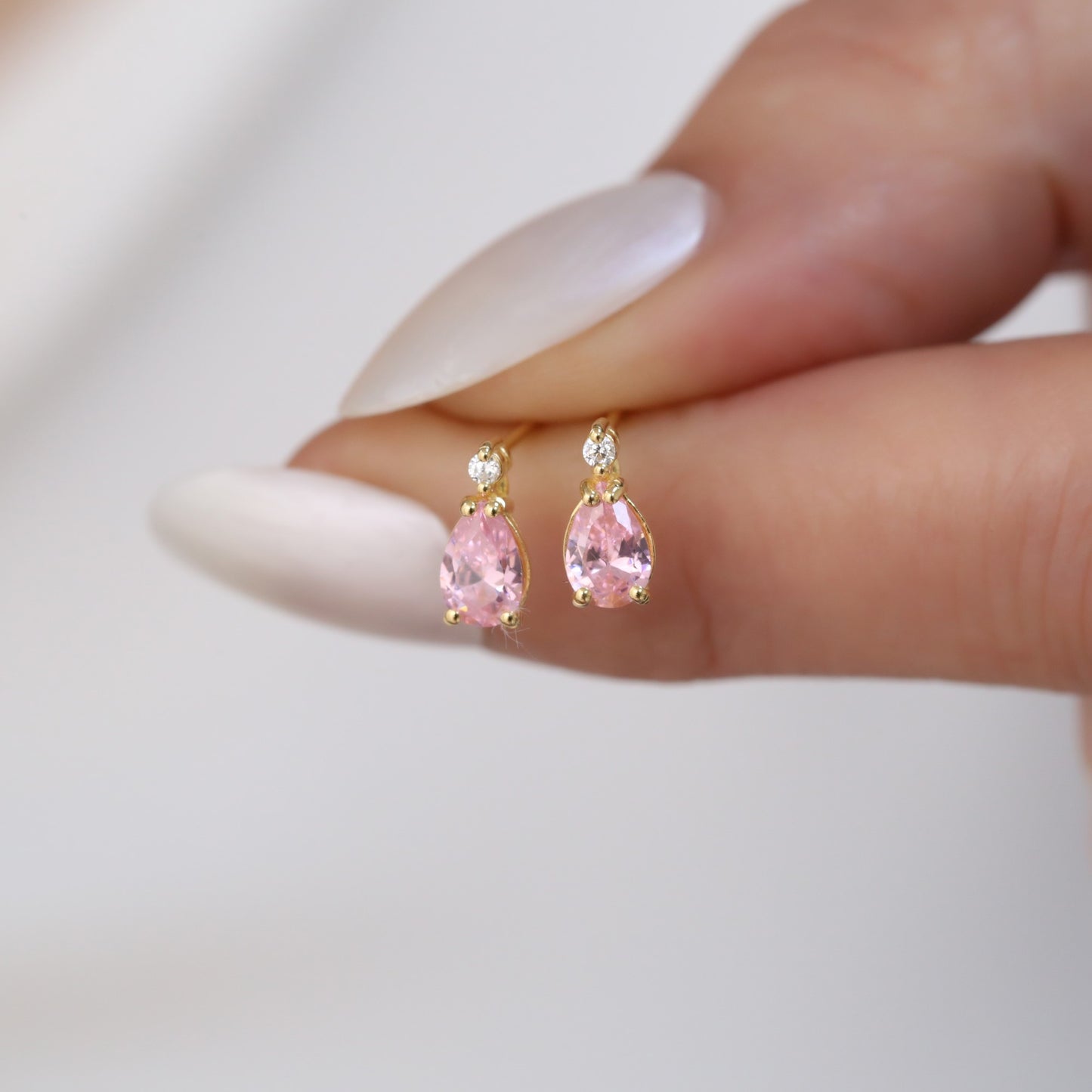 Pink Tourmaline Drop Stud Earrings in 10K/14K Solid Gold with Real Diamond, October Birthstone Jewelry