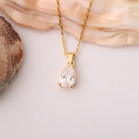 Drop White Topaz Necklace in 14K Solid Gold, April Birthstone Pendant Queen Jewelry Necklace