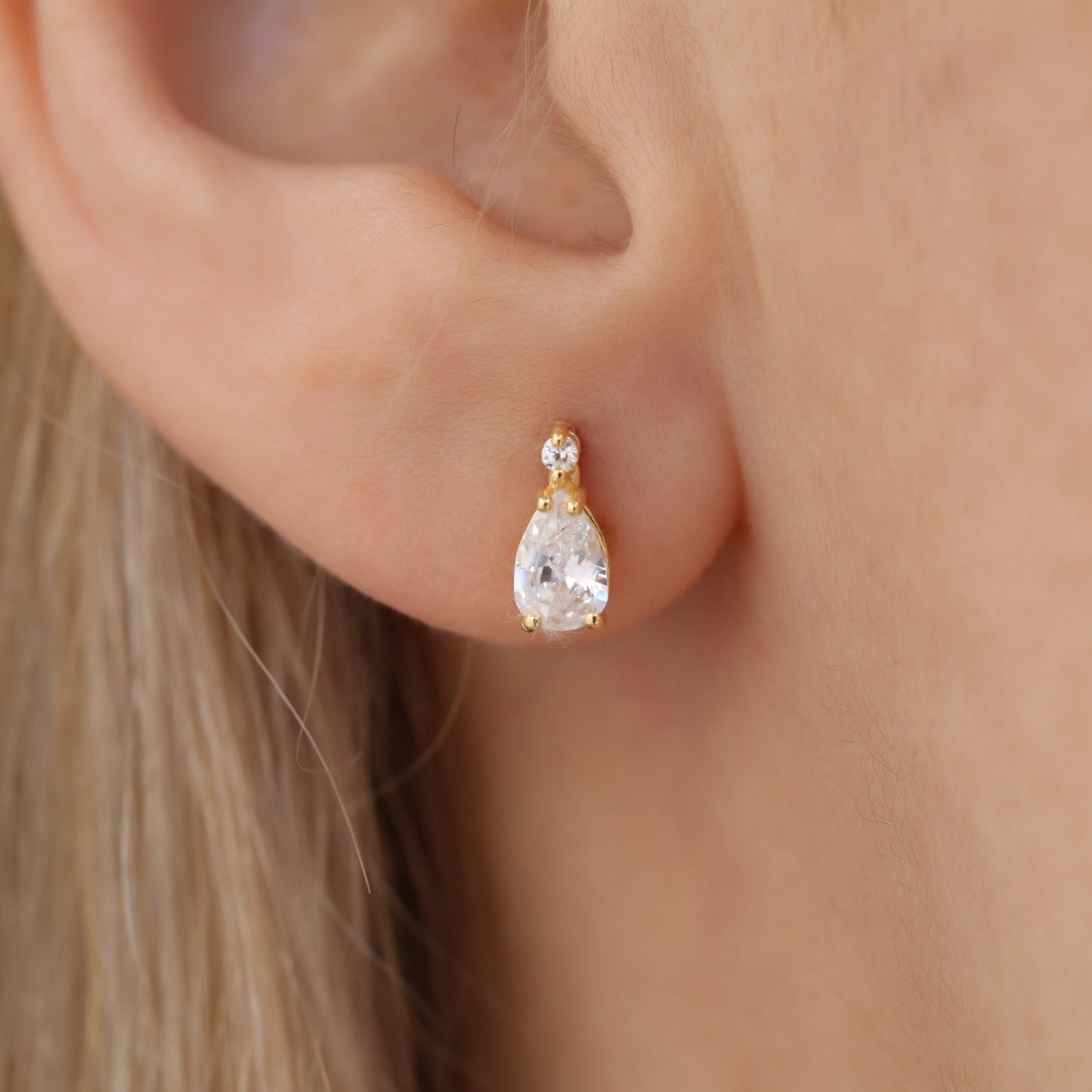 White Topaz Drop Stud Earrings in 10K/14K Solid Gold with Real Diamond, April Birthstone Jewelry