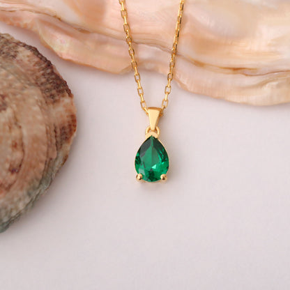 Drop Emerald Necklace in 14K Solid Gold, May Birthstone Pendant Queen Jewelry Necklace
