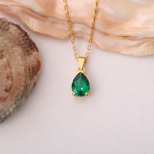 Drop Emerald Necklace in 14K Solid Gold, May Birthstone Pendant Queen Jewelry Necklace