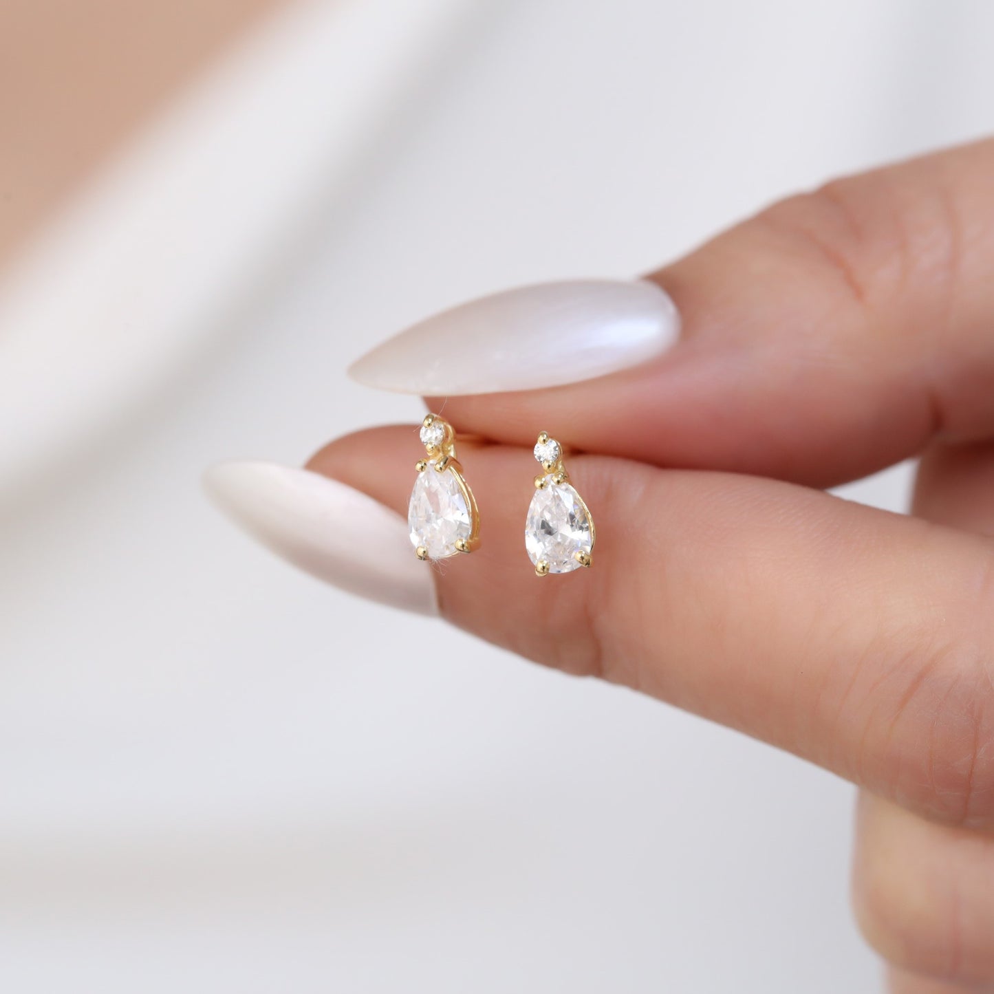 White Topaz Drop Stud Earrings in 10K/14K Solid Gold with Real Diamond, April Birthstone Jewelry