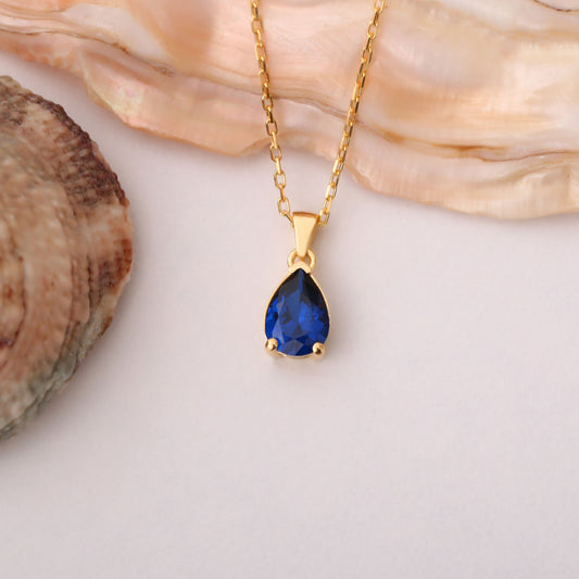 Drop Sapphire Necklace in 14K Solid Gold, September Birthstone Pendant Queen Jewelry Necklace
