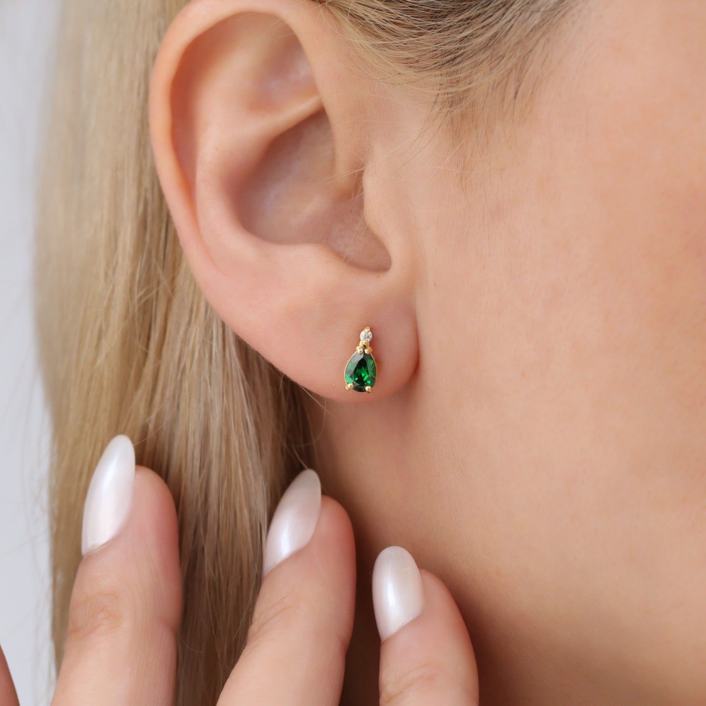Emerald Drop Stud Earrings in 10K/14K Solid Gold with Real Diamond, May Birthstone Jewelry