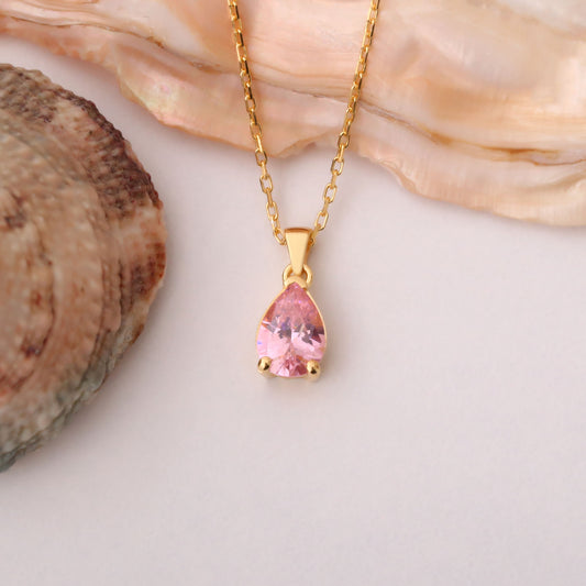 Drop Pink Tourmaline Necklace in 14K Solid Gold, October Birthstone Pendant Queen Jewelry Necklace