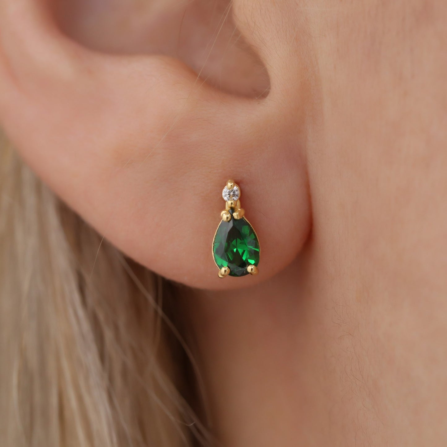 Emerald Drop Stud Earrings in 10K/14K Solid Gold with Real Diamond, May Birthstone Jewelry