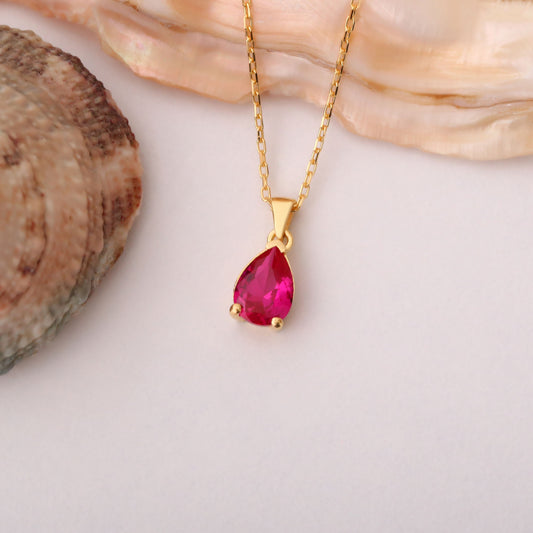 Drop Ruby Necklace in 14K Solid Gold, July Birthstone Pendant Queen Jewelry Necklace