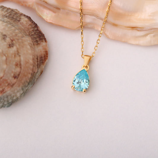 Drop Aquamarine Necklace in 14K Solid Gold, March Birthstone Pendant Queen Jewelry Necklace
