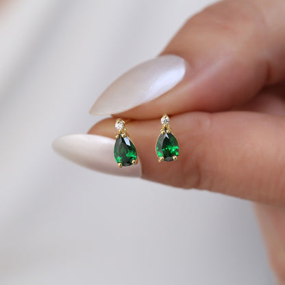 Emerald Drop Stud Earrings in 10K/14K Solid Gold with Real Diamond, May Birthstone Jewelry