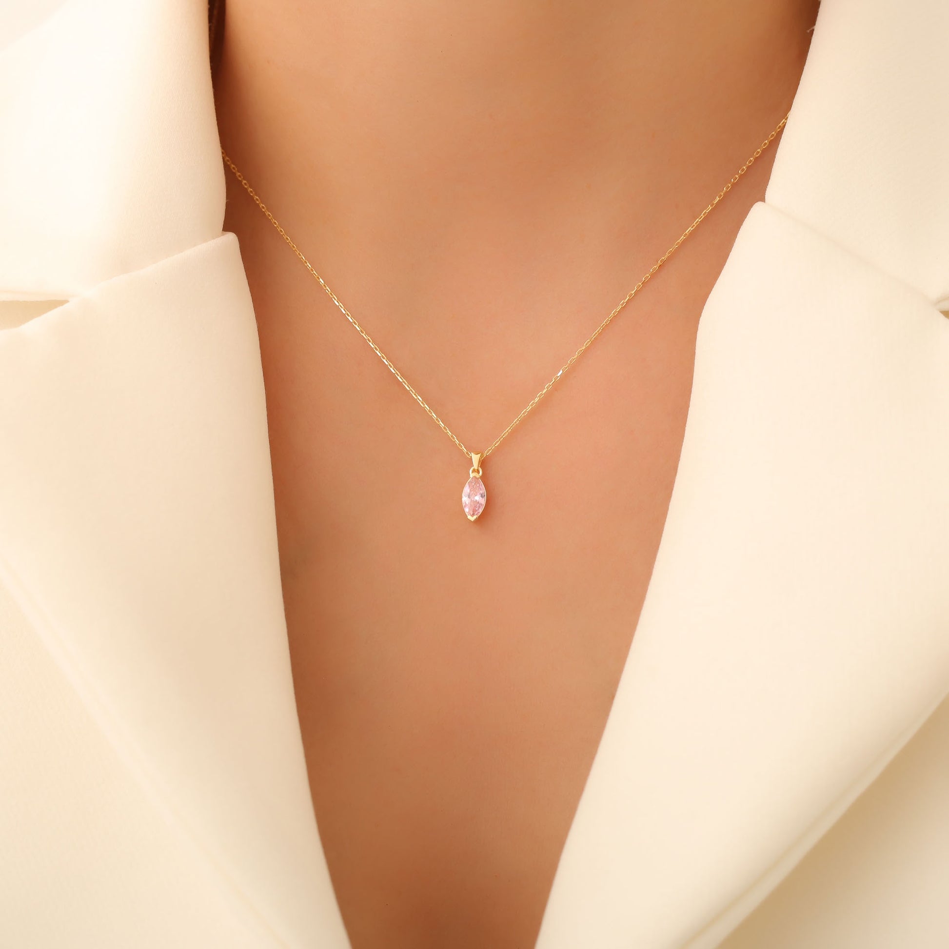 Pink Tourmaline Marquise Necklace in 14K Solid Gold | October Birthstone Pendant Queen Jewelry Necklace