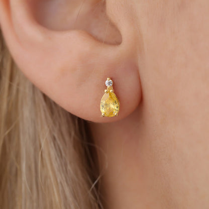 Yellow Topaz Drop Stud Earrings in 10K/14K Solid Gold with Real Diamond, November Birthstone Jewelry