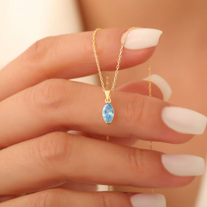 Blue Topaz Marquise Necklace in 14K Solid Gold | December Birthstone Pendant Queen Jewelry Necklace