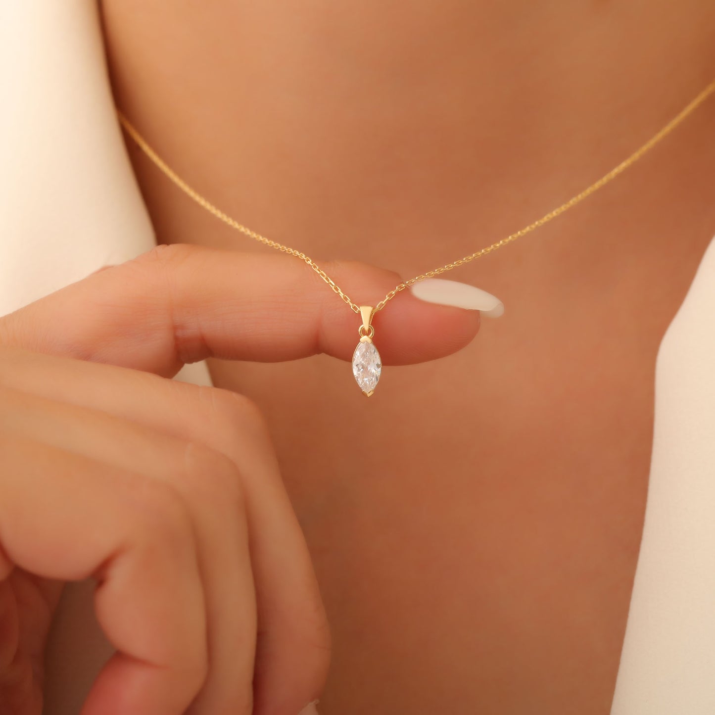 White Topaz Marquise Necklace in 14K Solid Gold | April Birthstone Pendant Queen Jewelry Necklace