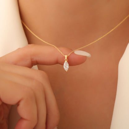 White Topaz Marquise Necklace in 14K Solid Gold | April Birthstone Pendant Queen Jewelry Necklace