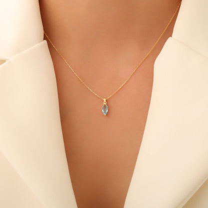 Aquamarine Marquise Necklace in 14K Solid Gold | March Birthstone Pendant Queen Jewelry Necklace