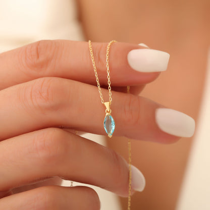 Aquamarine Marquise Necklace in 14K Solid Gold | March Birthstone Pendant Queen Jewelry Necklace