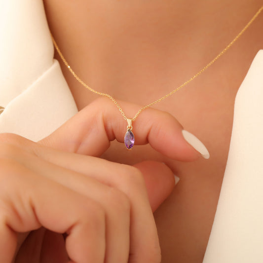 Amethyst Marquise Necklace in 14K Solid Gold | February Birthstone Pendant Queen Jewelry Necklace