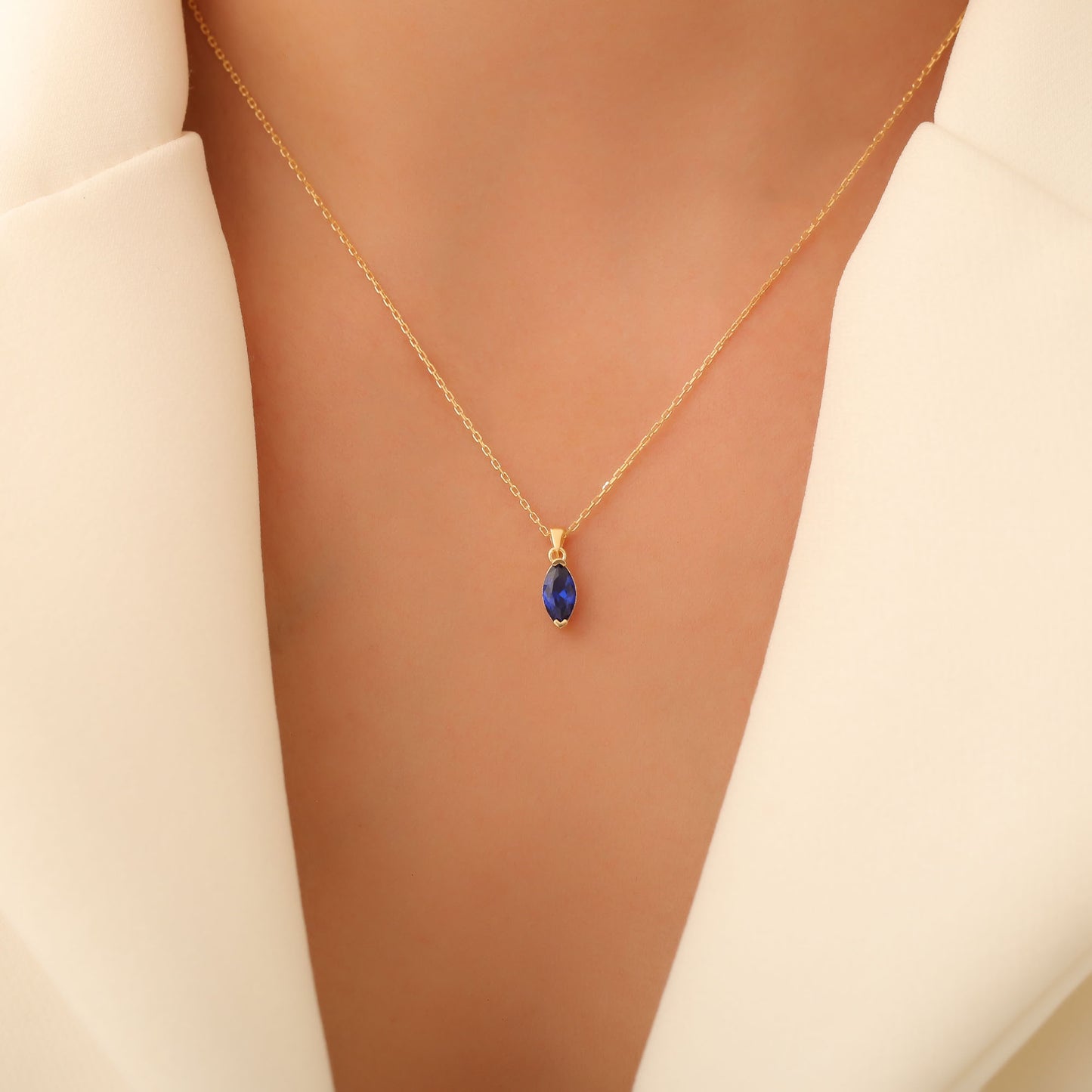 Sapphire Marquise Necklace in 14K Solid Gold | September Birthstone Pendant Queen Jewelry Necklace