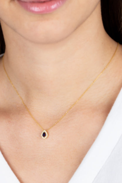 Sapphire Drop Necklace in 14K Solid Gold with Real Diamonds Surrounded, September Birthstone Jewelry