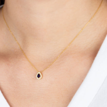 Sapphire Drop Necklace in 14K Solid Gold with Real Diamonds Surrounded, September Birthstone Jewelry