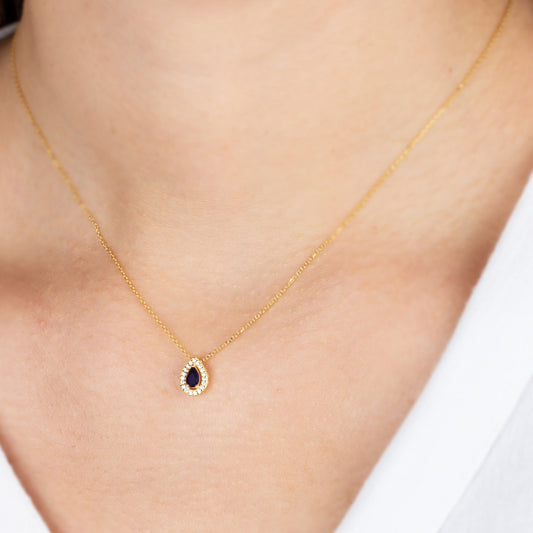 Sapphire Drop Necklace in 14K Solid Gold with Real Diamonds Surrounded, September Birthstone Jewelry