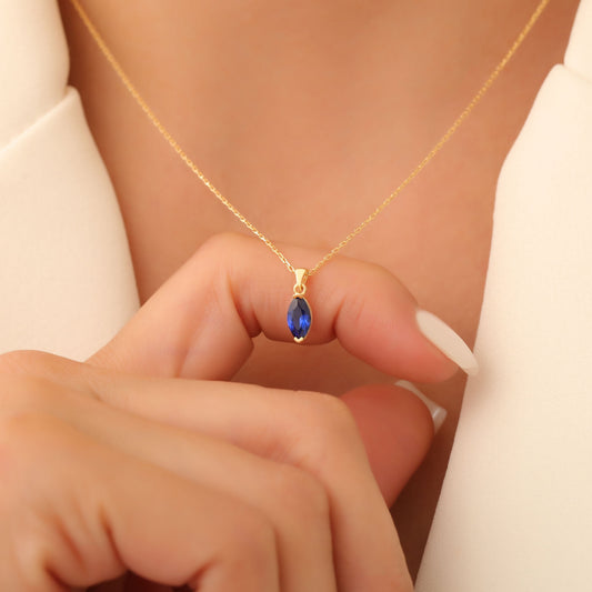 Sapphire Marquise Necklace in 14K Solid Gold | September Birthstone Pendant Queen Jewelry Necklace