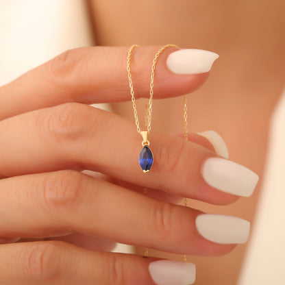 Sapphire Marquise Necklace in 14K Solid Gold | September Birthstone Pendant Queen Jewelry Necklace